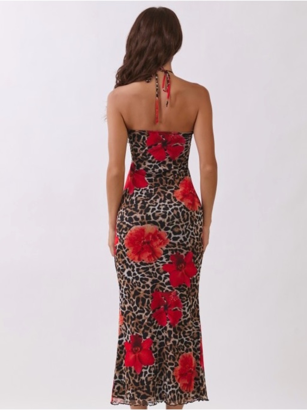Strapless Red Floral Leopard Ruffle Midi Dress - Picture 4 of 6